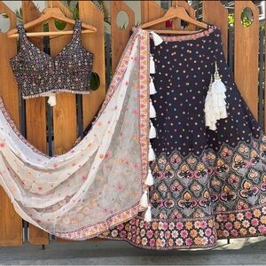 Embroidered Black and Pink Skirt Set